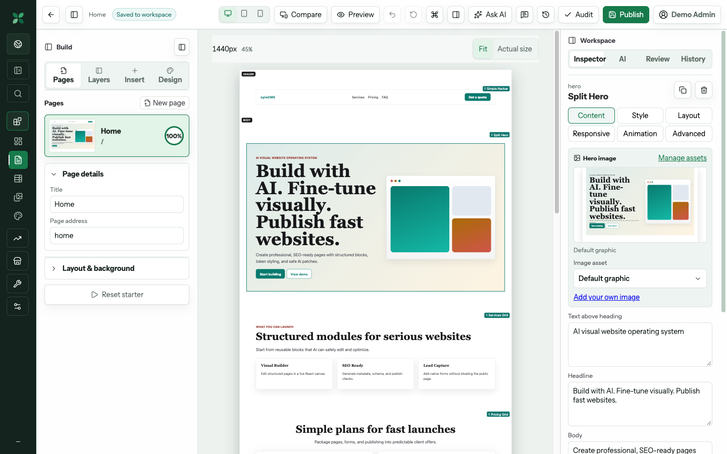 Demo xyroCMS visual editor with page controls, a live website canvas and an inspector.